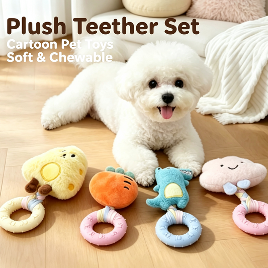 Plush Squeaky Dog Chew Toy with Rubber Teething Ring for Small &amp; Medium Dogs