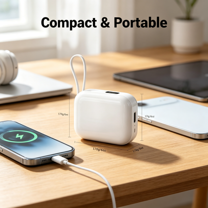 10000mAh Compact Power Bank with Built-In Cables