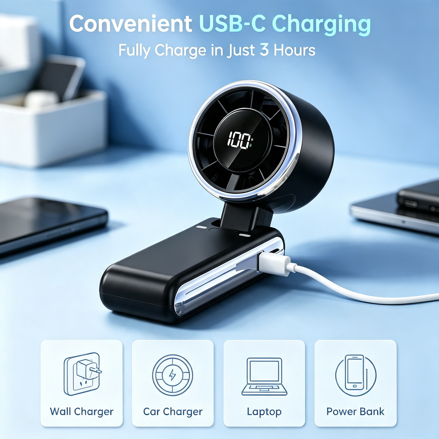 Portable Foldable Turbo Handheld Fan With Digital Display
