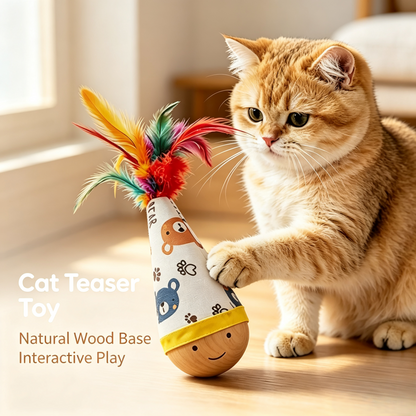 Wooden Tumbler Cat Toy with Colorful Feather for Indoor Cats Interactive Play