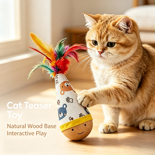 Wooden Tumbler Cat Toy with Colorful Feather for Indoor Cats Interactive Play