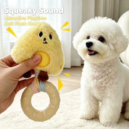 Plush Squeaky Dog Chew Toy with Rubber Teething Ring for Small &amp; Medium Dogs
