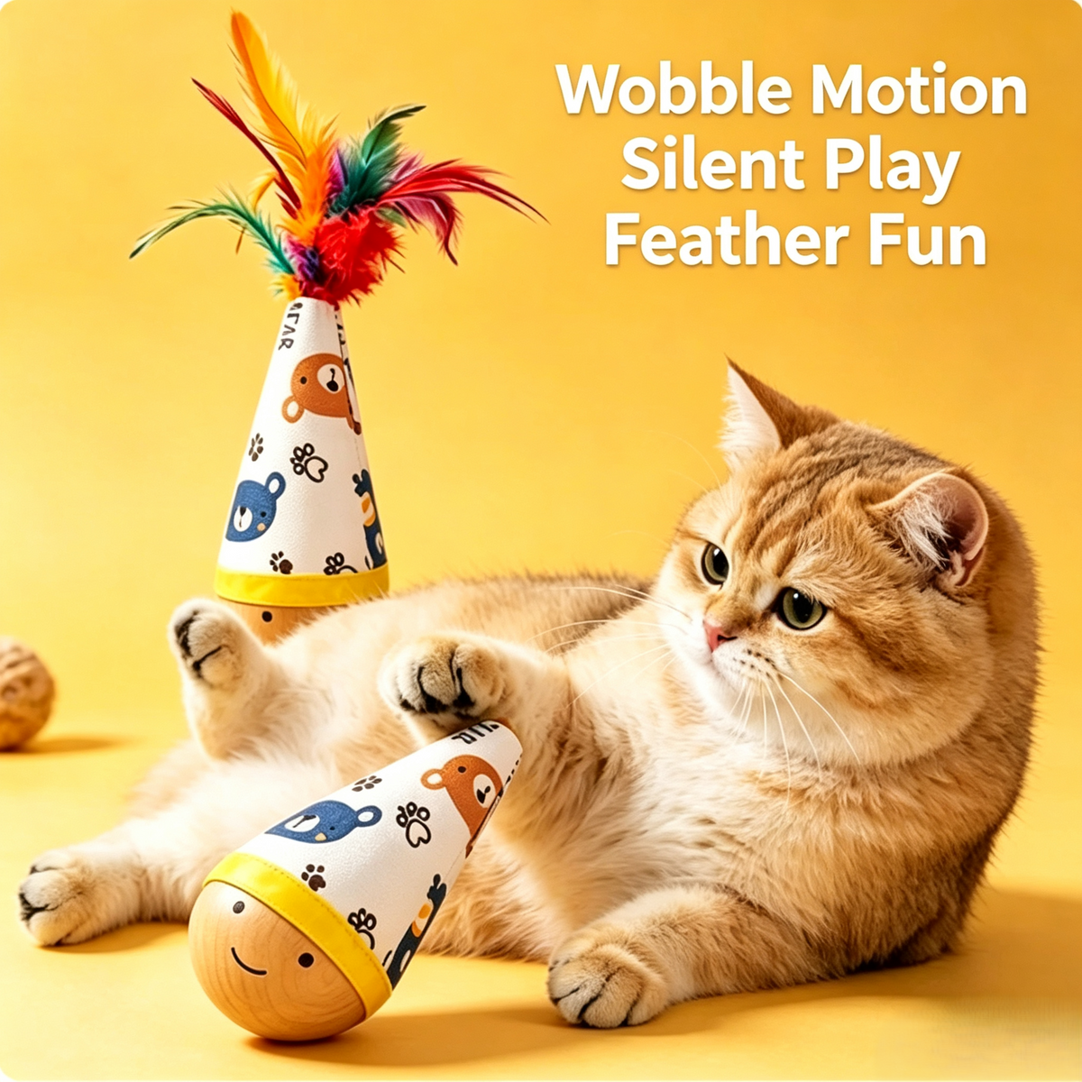 Wooden Tumbler Cat Toy with Colorful Feather for Indoor Cats Interactive Play