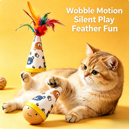 Wooden Tumbler Cat Toy with Colorful Feather for Indoor Cats Interactive Play