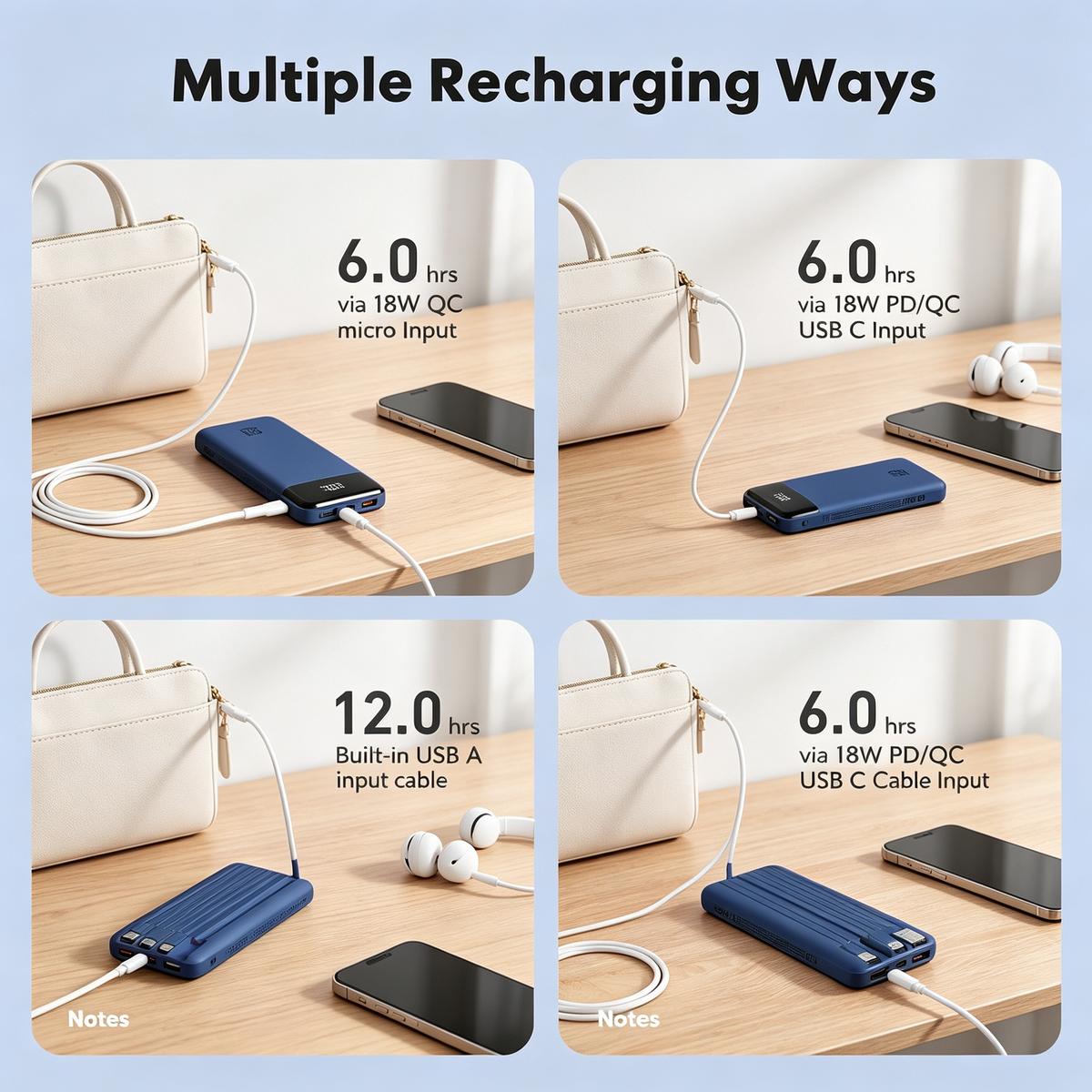 20000mAh Power Bank with 4 Built-In Cables