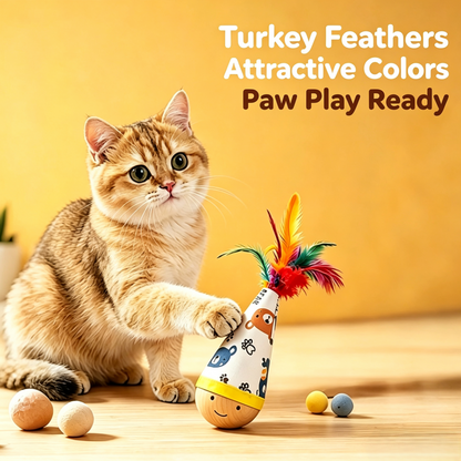Wooden Tumbler Cat Toy with Colorful Feather for Indoor Cats Interactive Play
