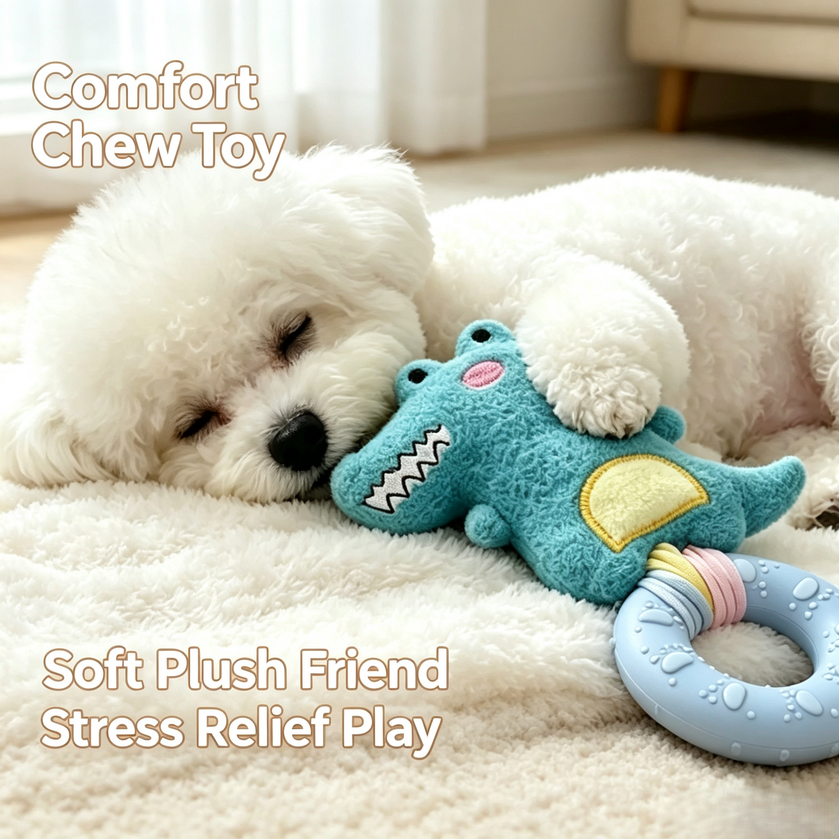 Plush Squeaky Dog Chew Toy with Rubber Teething Ring for Small &amp; Medium Dogs