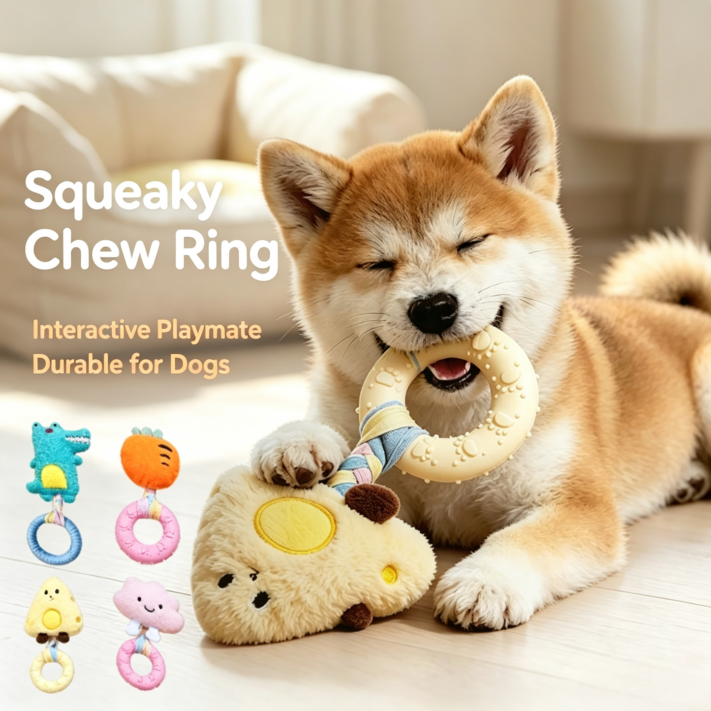 Plush Squeaky Dog Chew Toy with Rubber Teething Ring for Small &amp; Medium Dogs